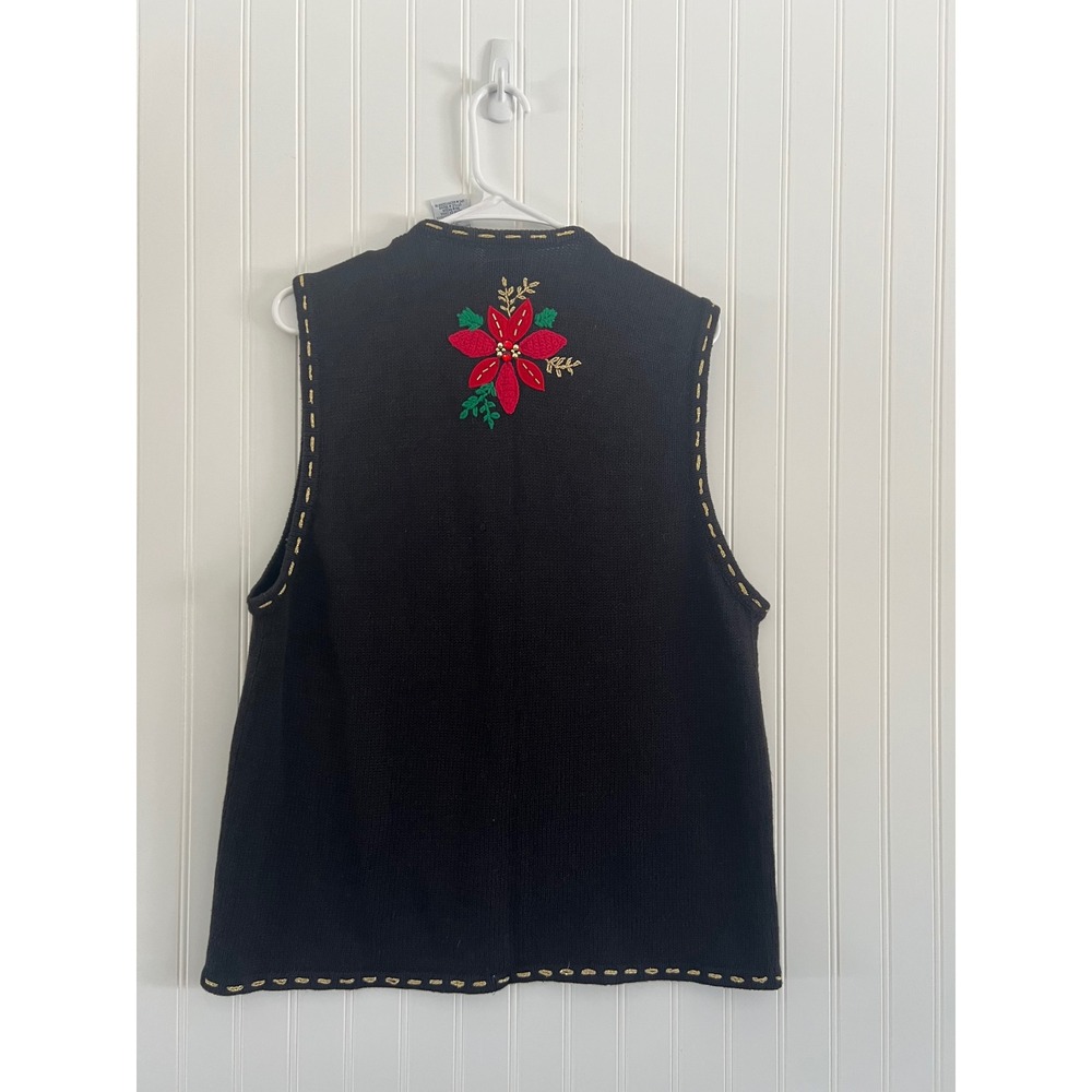 Bobbie Brooks Christmas Sweater Vest Large Black Poinsettia Beaded Holiday - Picture 3 of 8